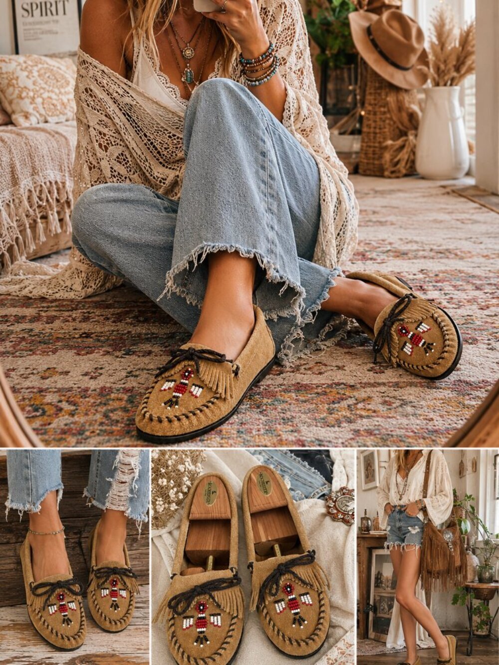 Minnetonka Women’s Thunderbird Beaded Suede Moccasins Tan Size 10
